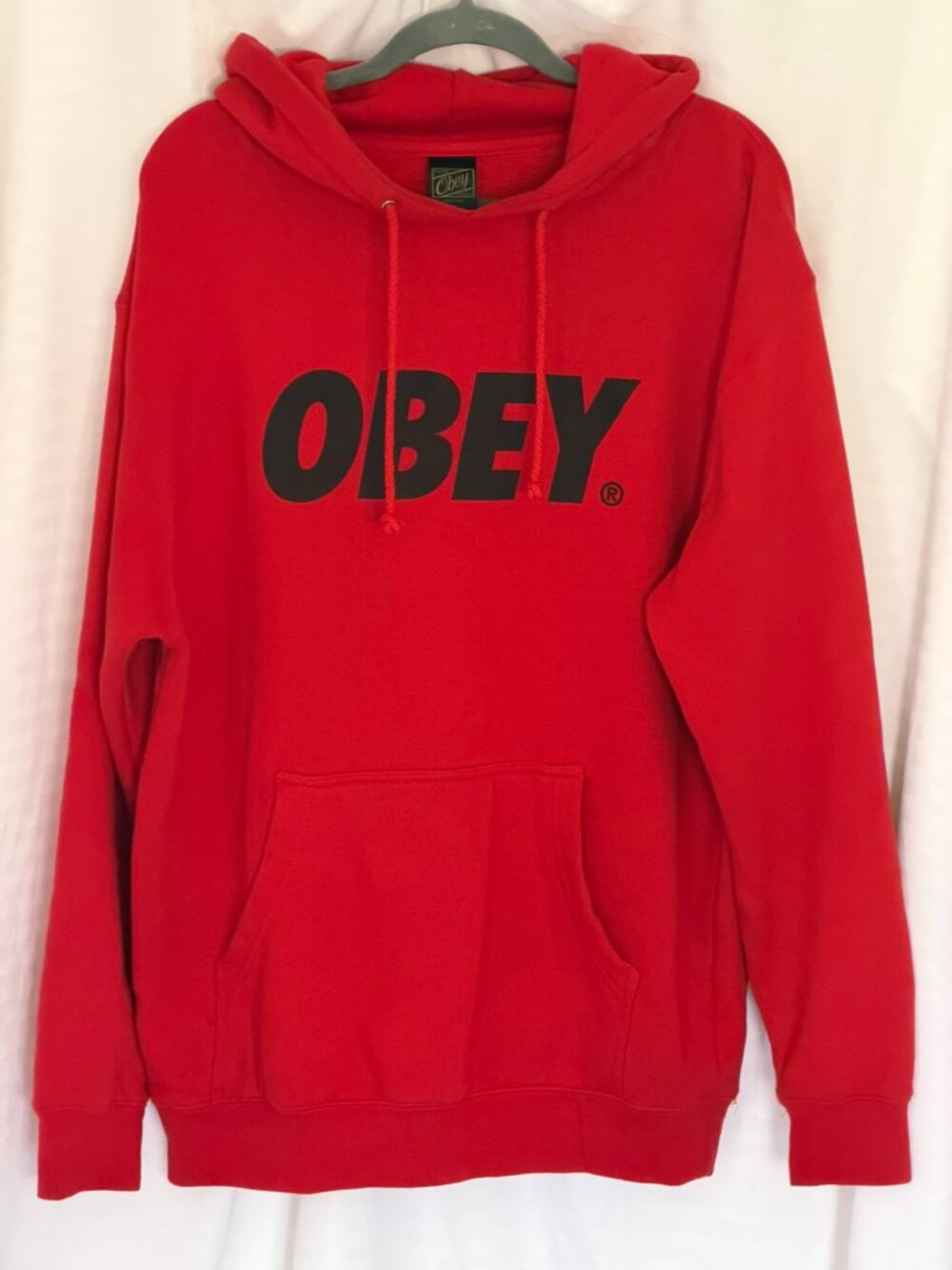 Obey Clothing Red Classic Spellout Font Logo Fleece Pullover Hoodie Size M